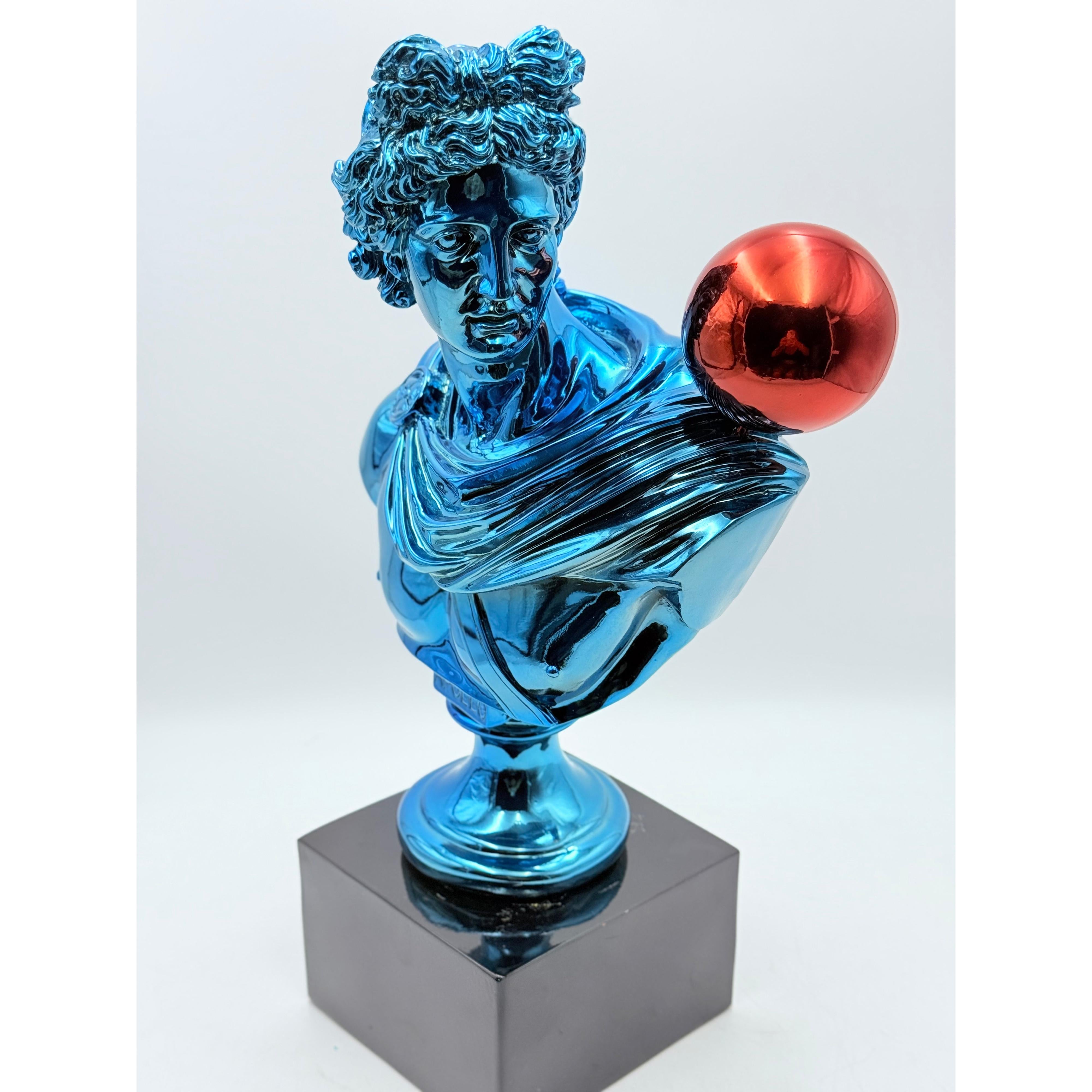 Apollo Sculpture | Blue Chrome with Red Balloon