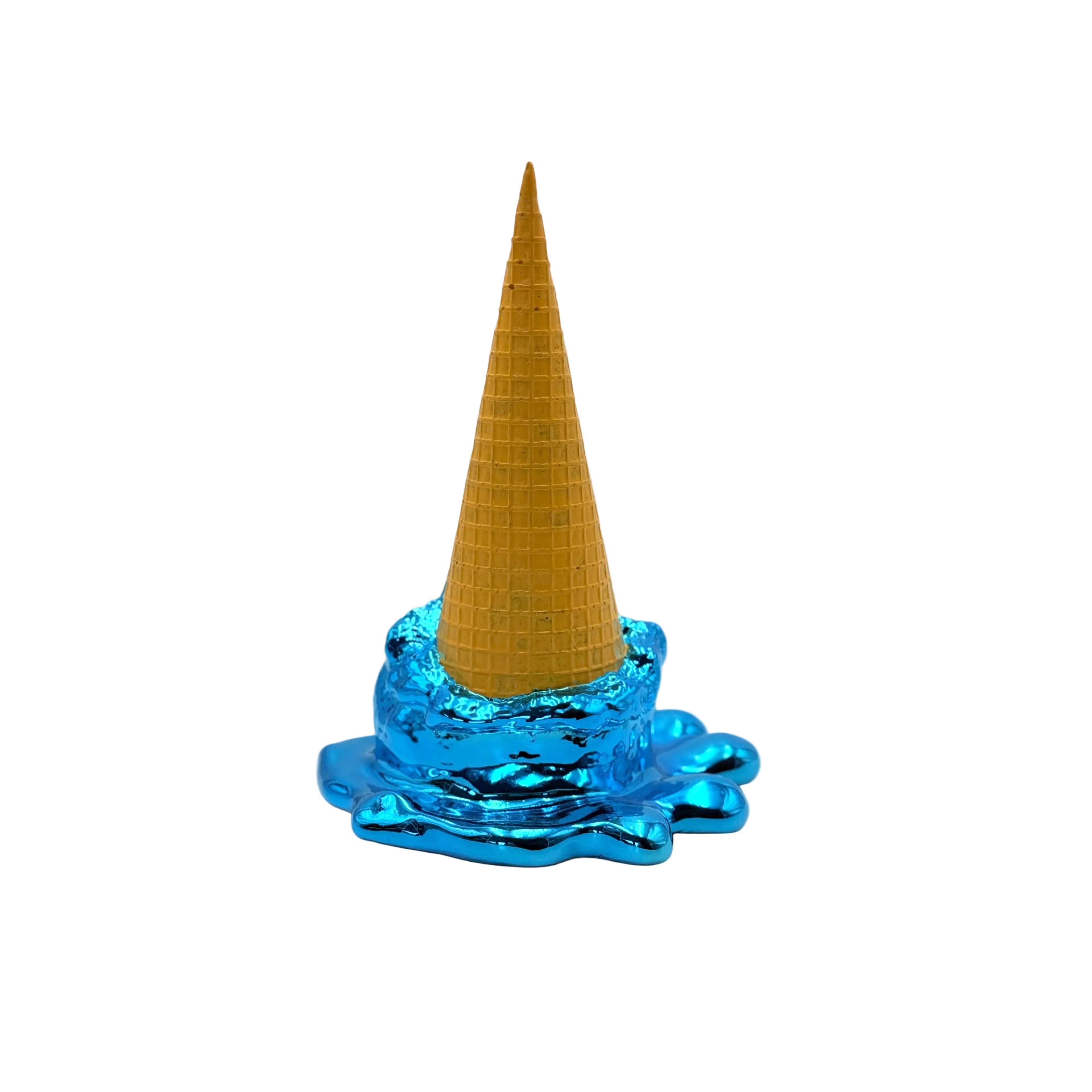 Gold ice cream cone with a blue base on a white background
