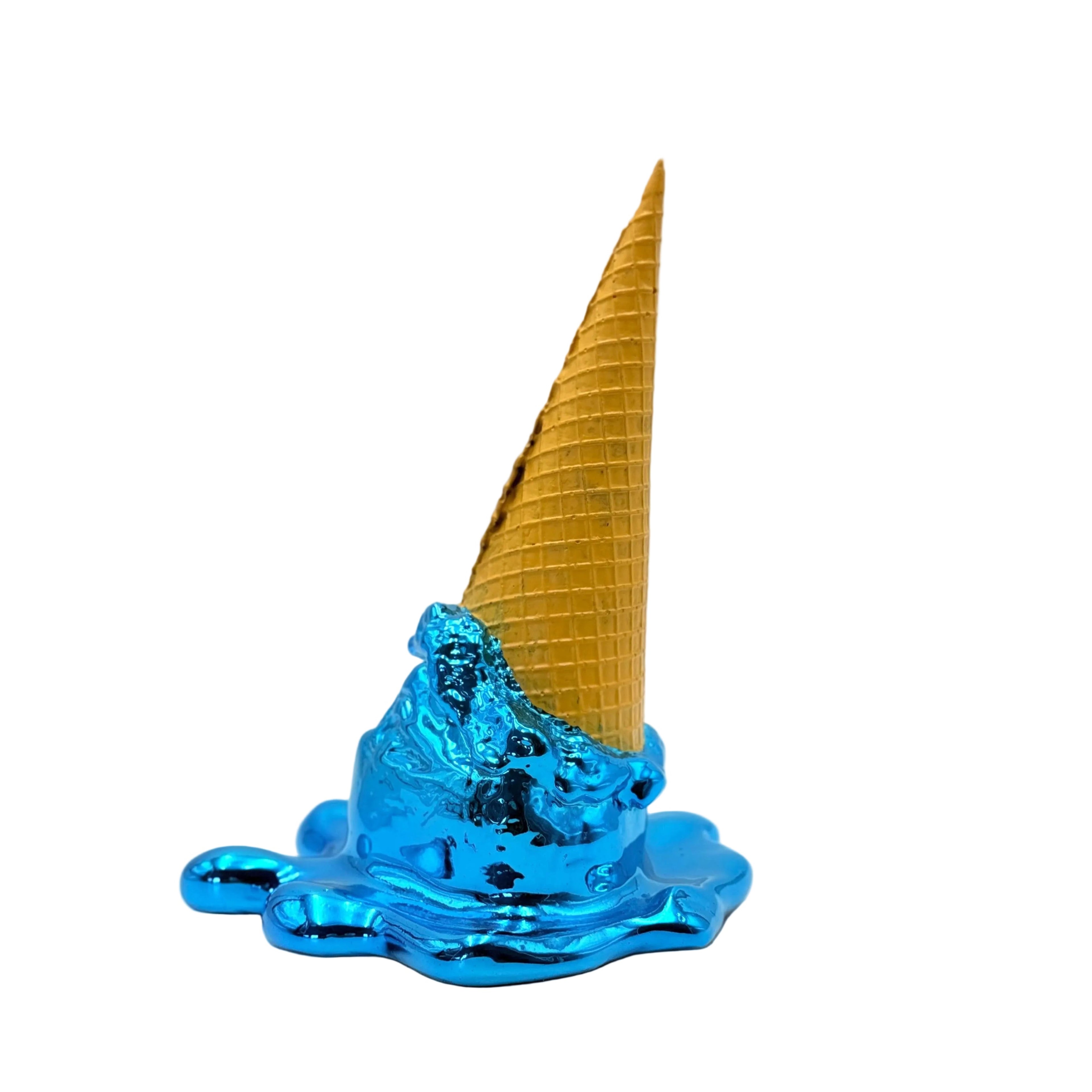 Metallic blue ice cream cone on a white background