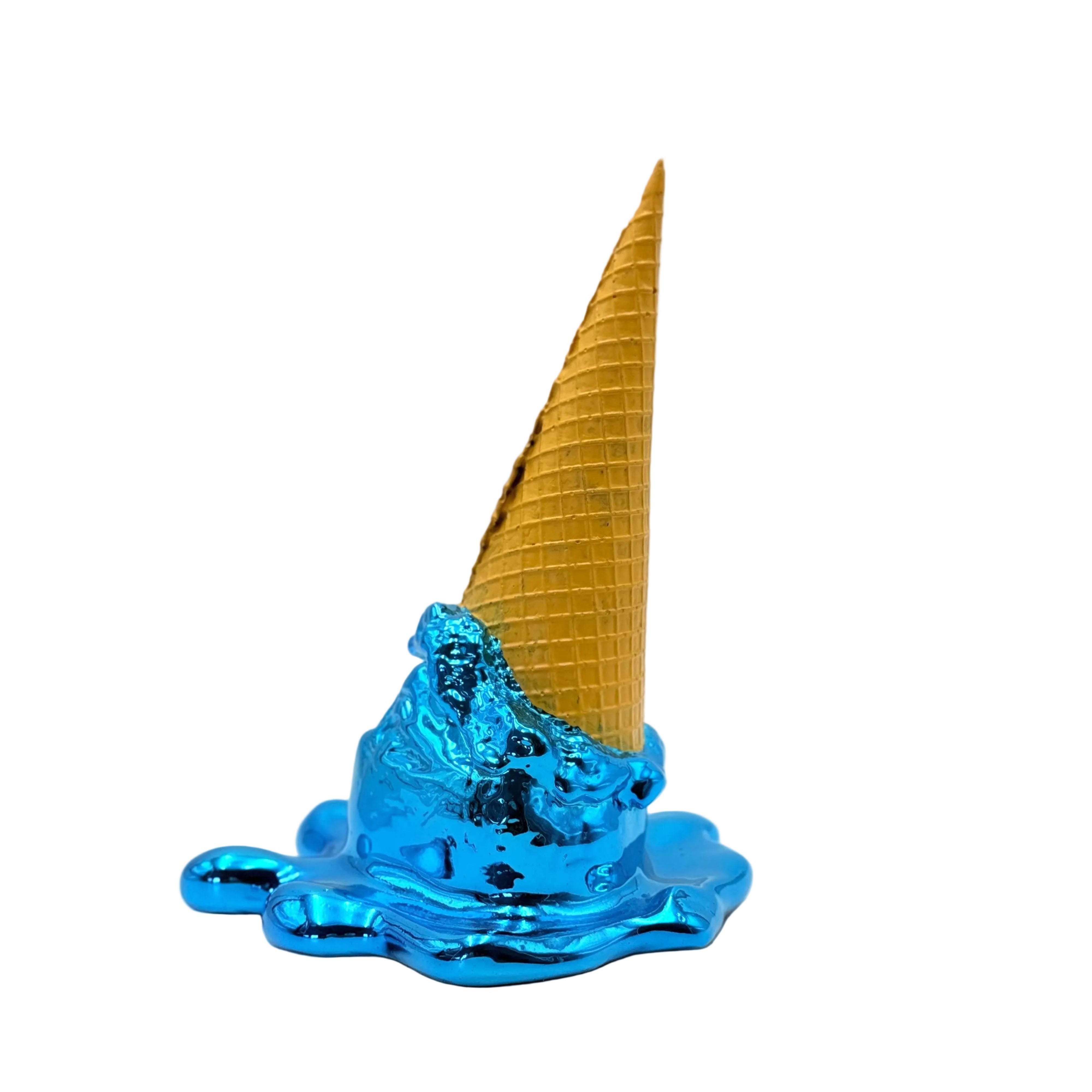Metallic blue ice cream cone on a white background