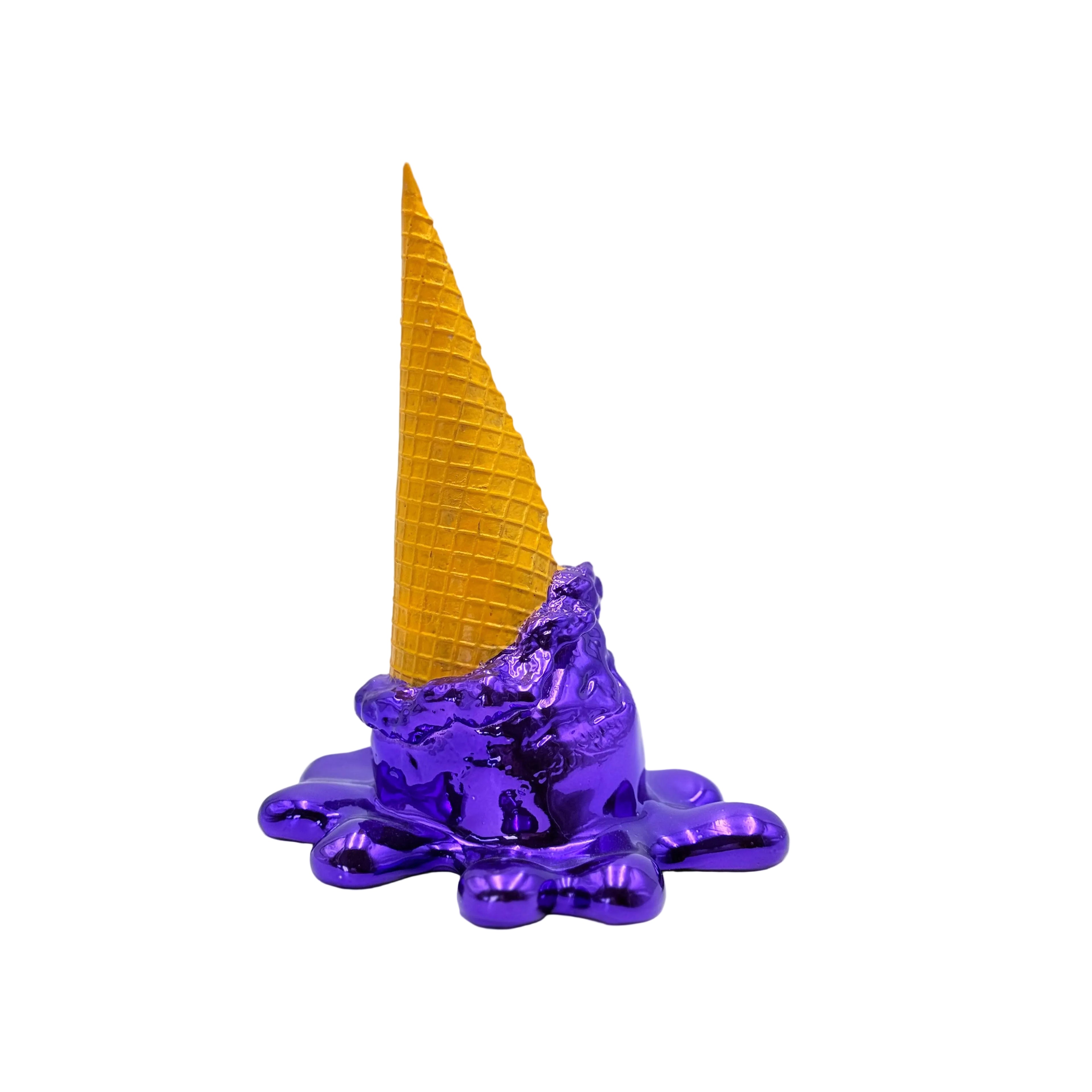 Purple melted ice cream cone with a yellow waffle cone on a light gray background