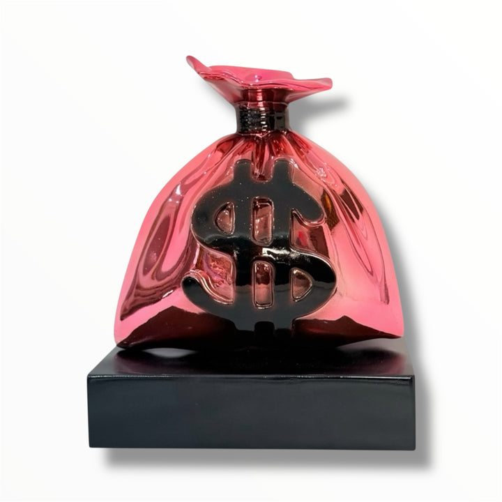pink chrome money bag sculpture with gold dollar sign pop art style