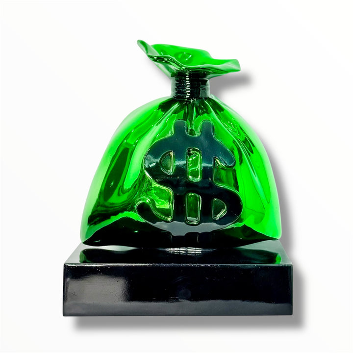 green chrome money bag sculpture with gold dollar sign on black base
