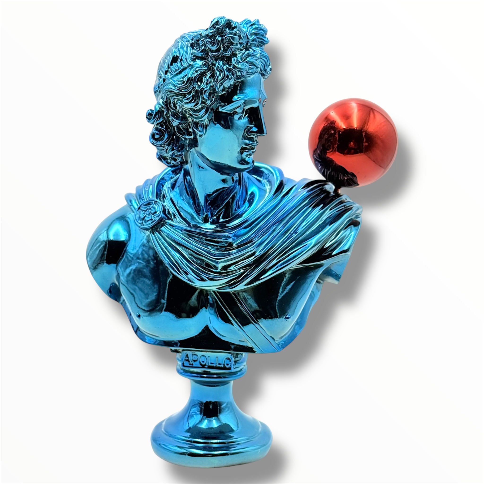 Apollo Sculpture | Blue Chrome with Red Balloon