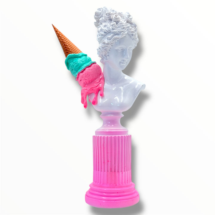 venus ice cream sculpture with pink and blue gelato drips