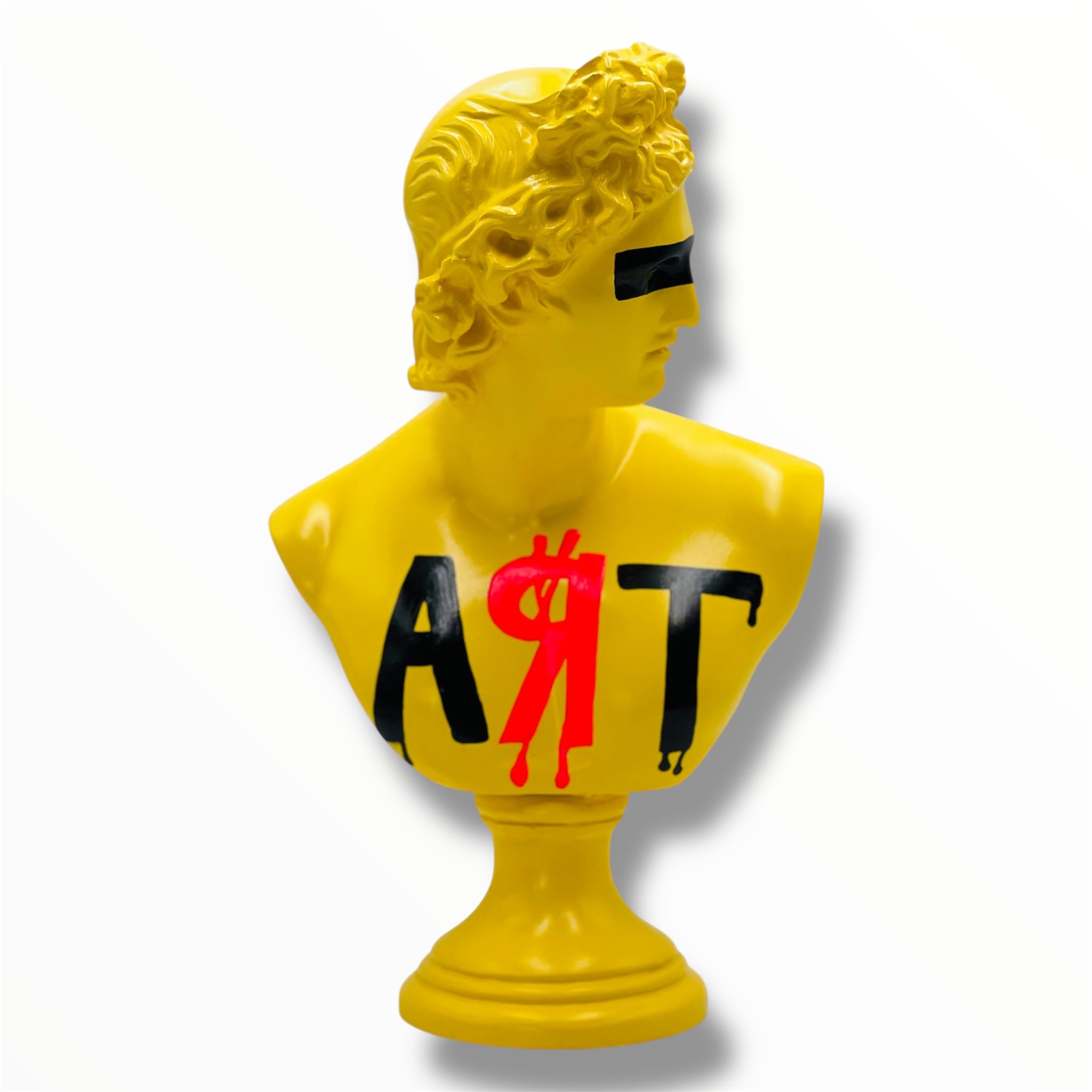 Yellow bust sculpture with black and red text on a white background