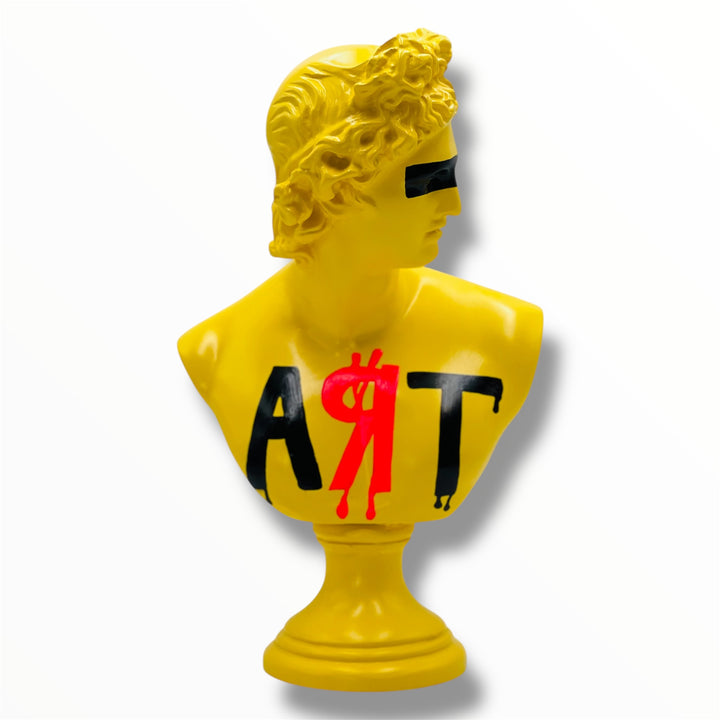 Yellow bust sculpture with black and red text on a white background