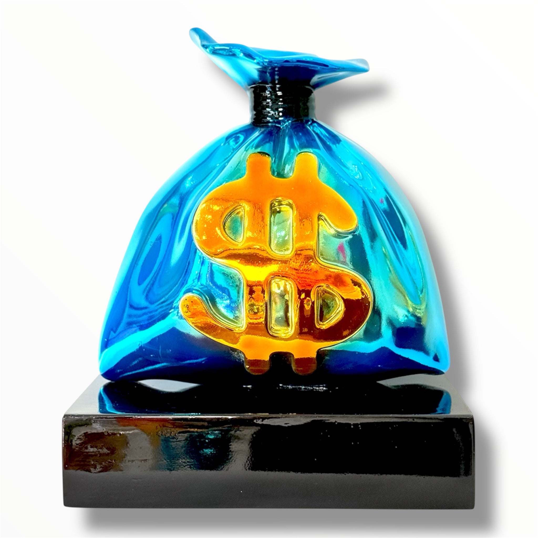 Blue Chrome plated money bag sculpture
