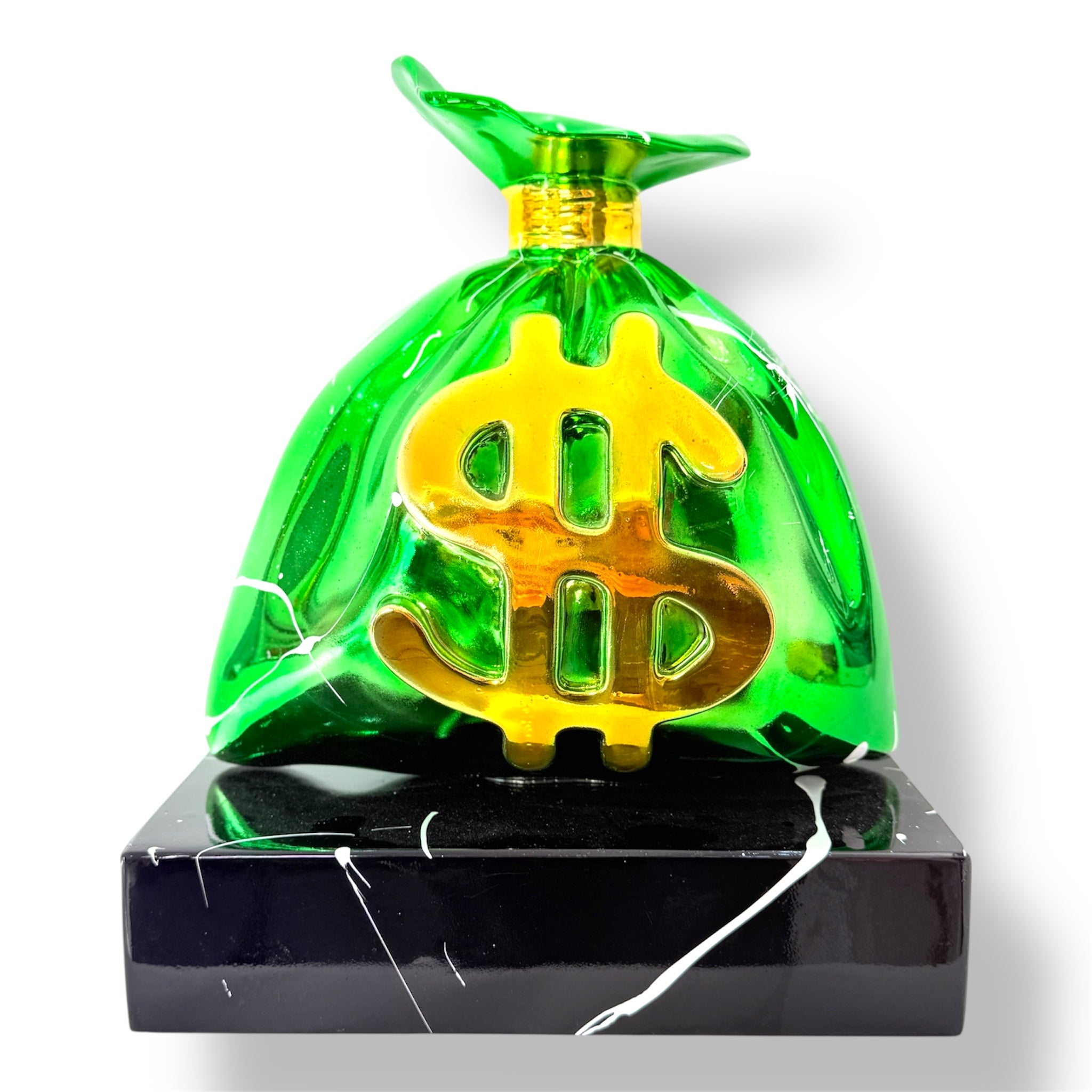Green Chrome Plated Money Bag sculpture, Alec Monopoly Inspired Art Design