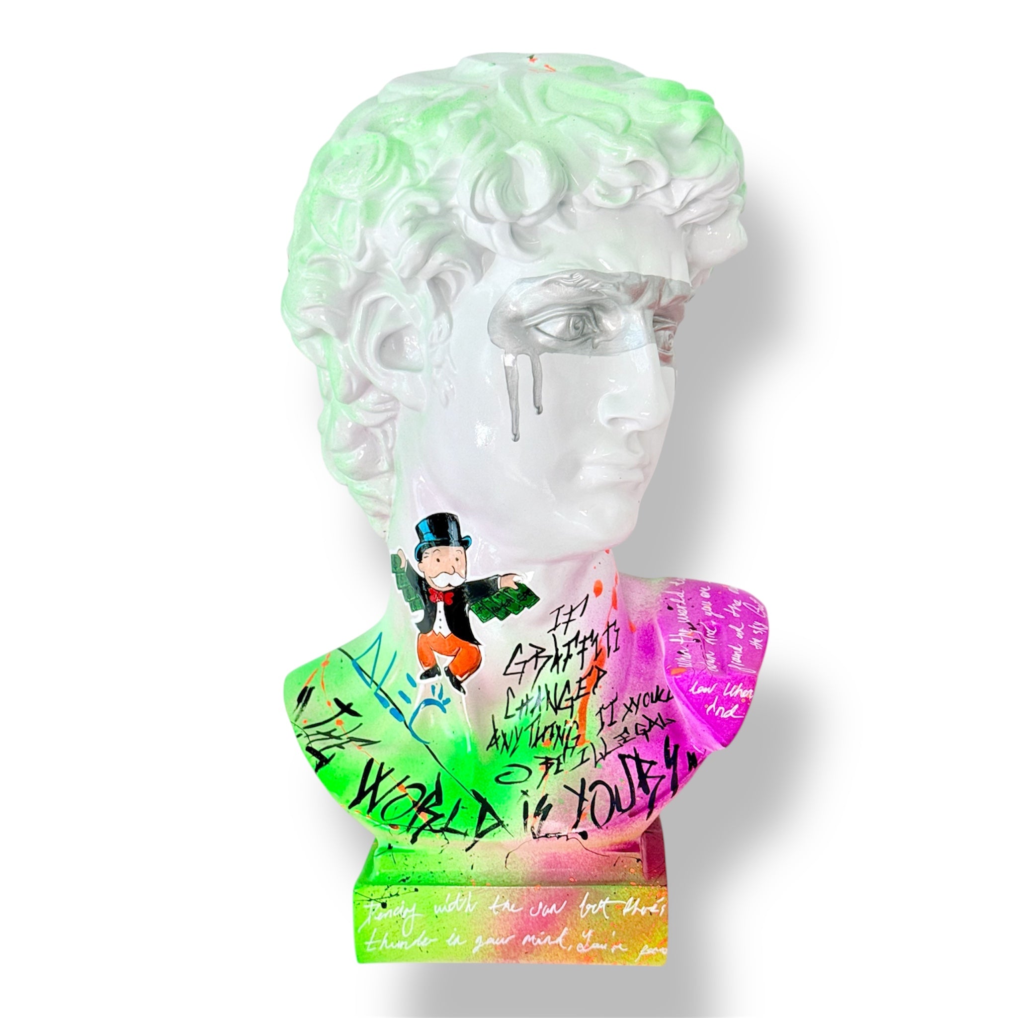 Colorful graffiti-style sculpture of a classical bust on a white background