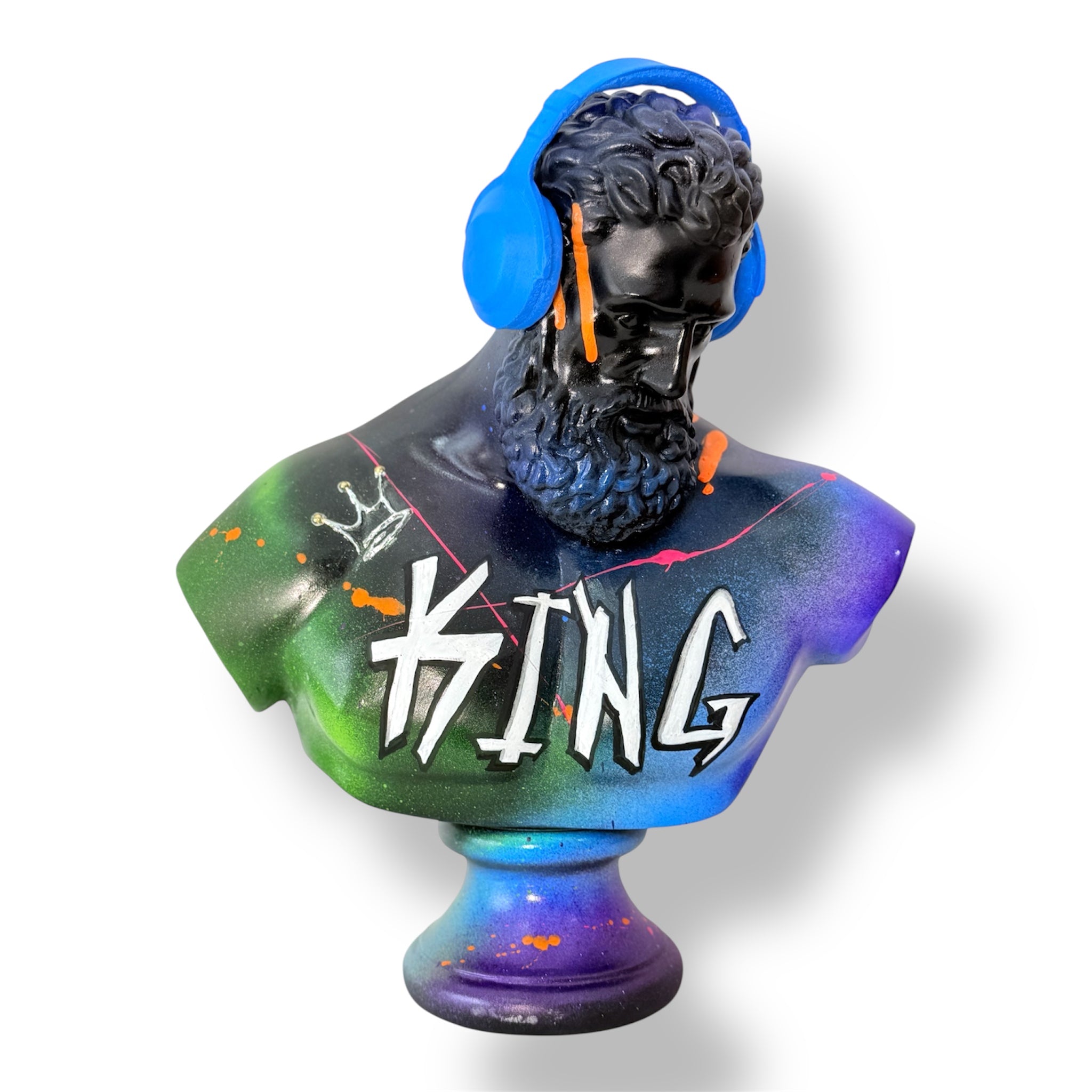 DJ Hercules KING graffiti sculpture with blue headphones. A bold pop art statement for modern interiors.