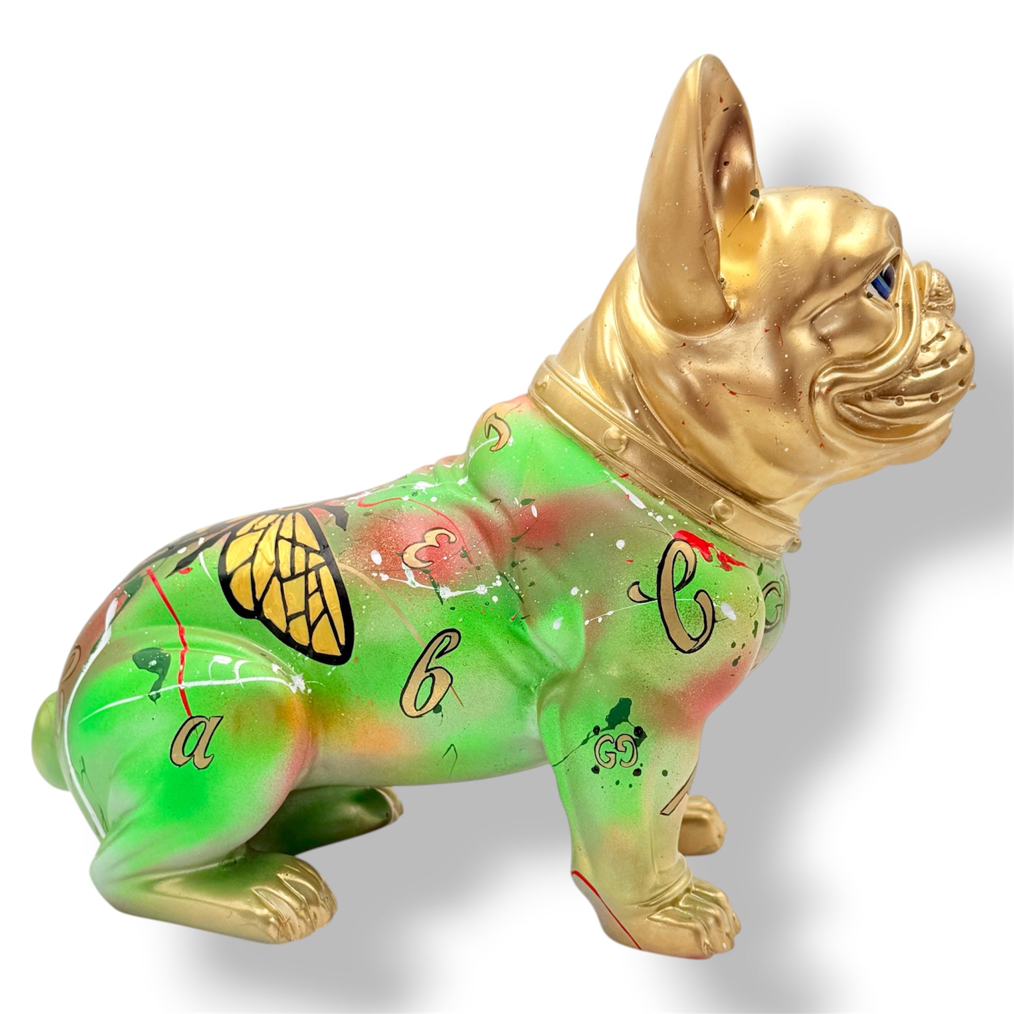 Gold French Bulldog Sculpture | Luxury Gucci Pattern Graffiti Pop Art Dog Statue