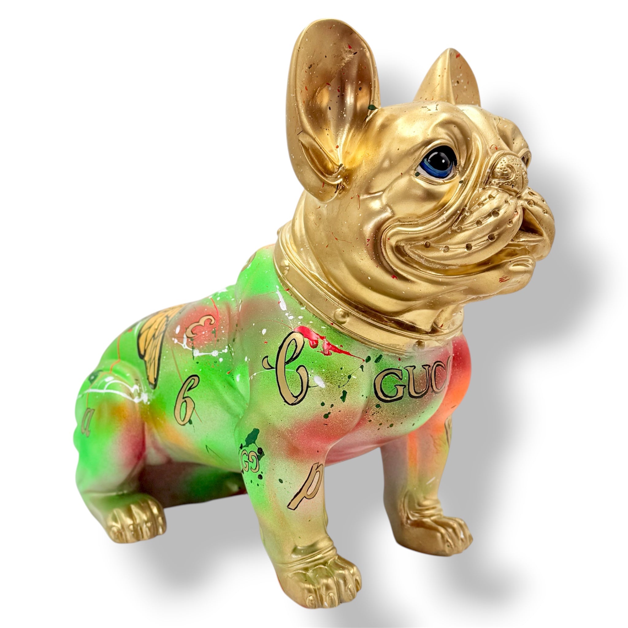 Gold French Bulldog Sculpture | Luxury Gucci Pattern Graffiti Pop Art Dog Statue