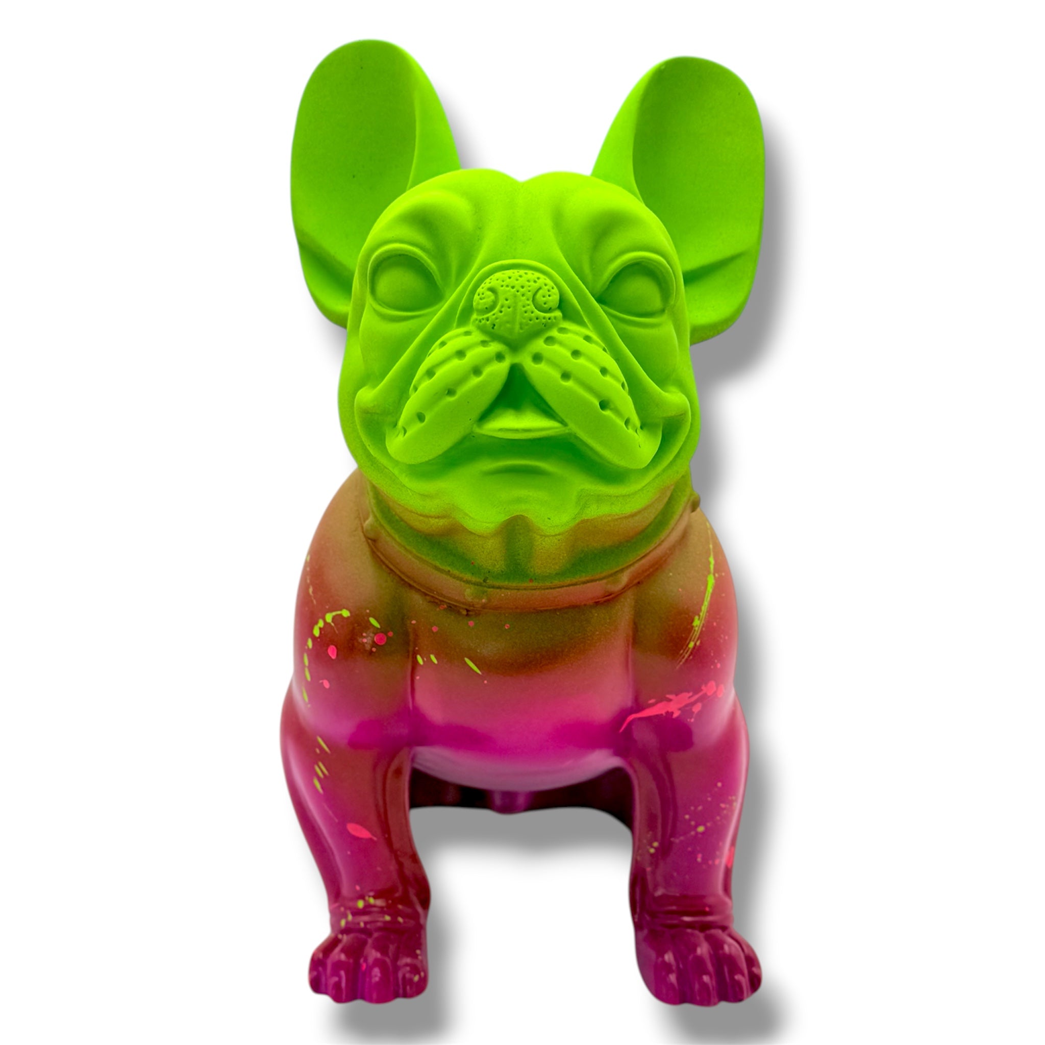 Green & Fuchsia French Bulldog Sculpture | LOVE & MONEY Graffiti Pop Art Dog Statue