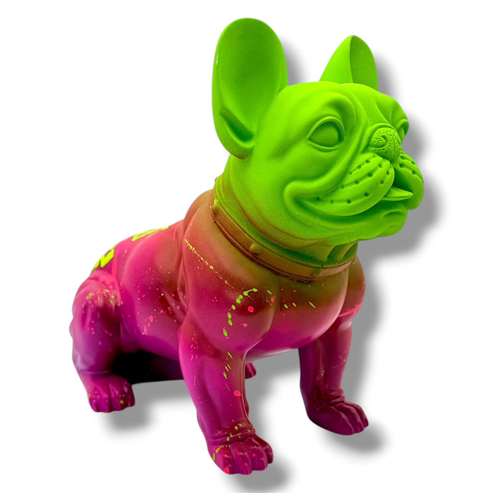 Green & Fuchsia French Bulldog Sculpture | LOVE & MONEY Graffiti Pop Art Dog Statue