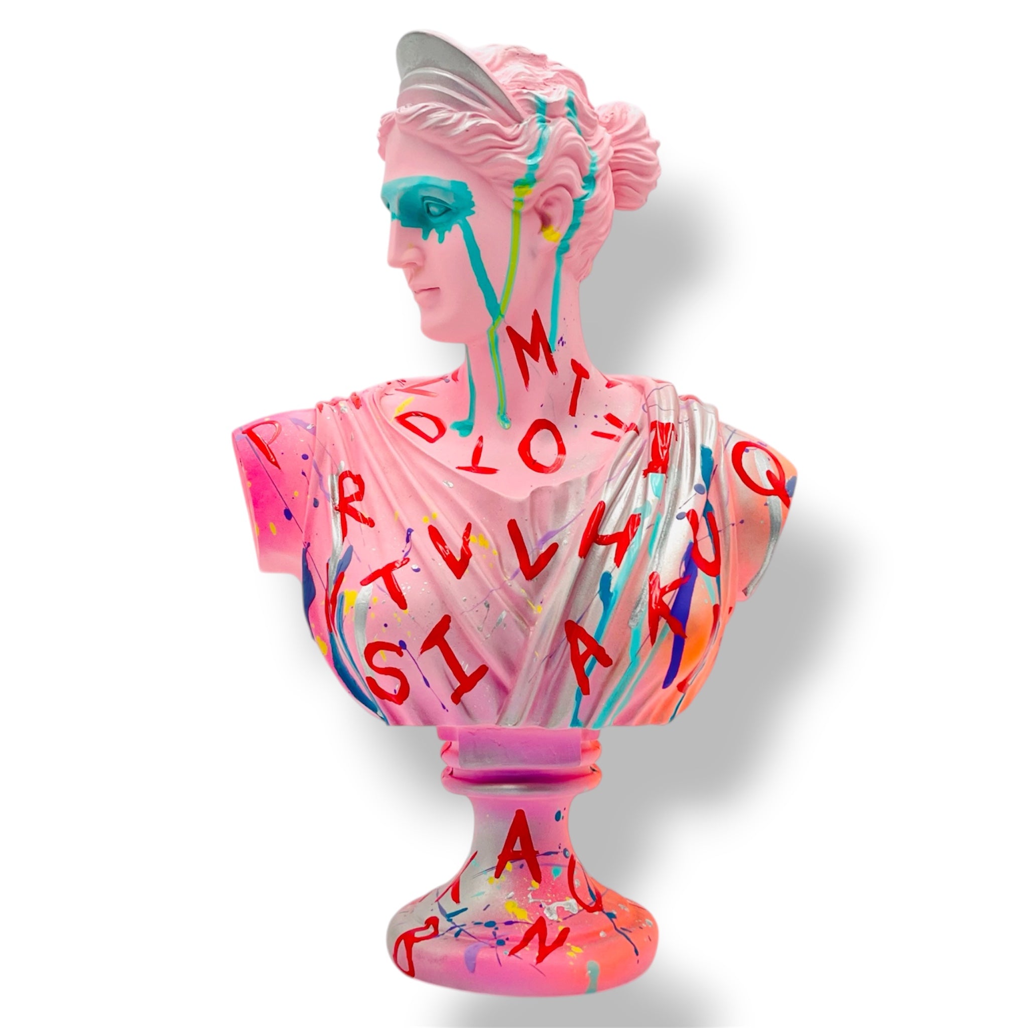 Baby Pink Artemis Sculpture | Red Typography & Blue Drips Pop Art Edition