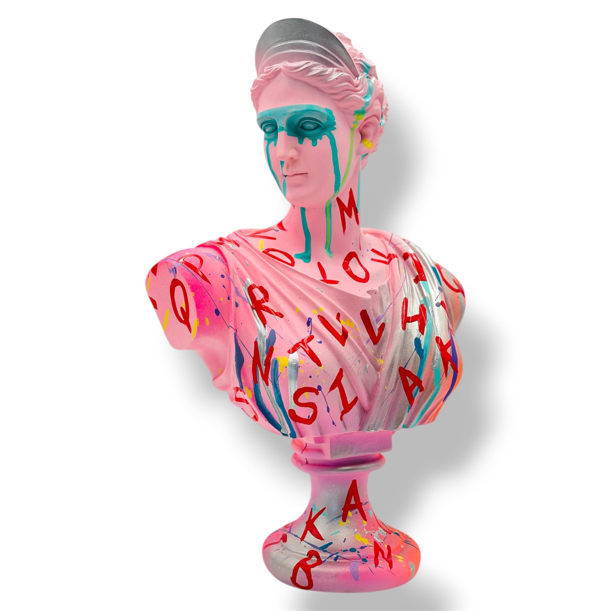 Baby Pink Artemis Sculpture | Red Typography & Blue Drips Pop Art Edition