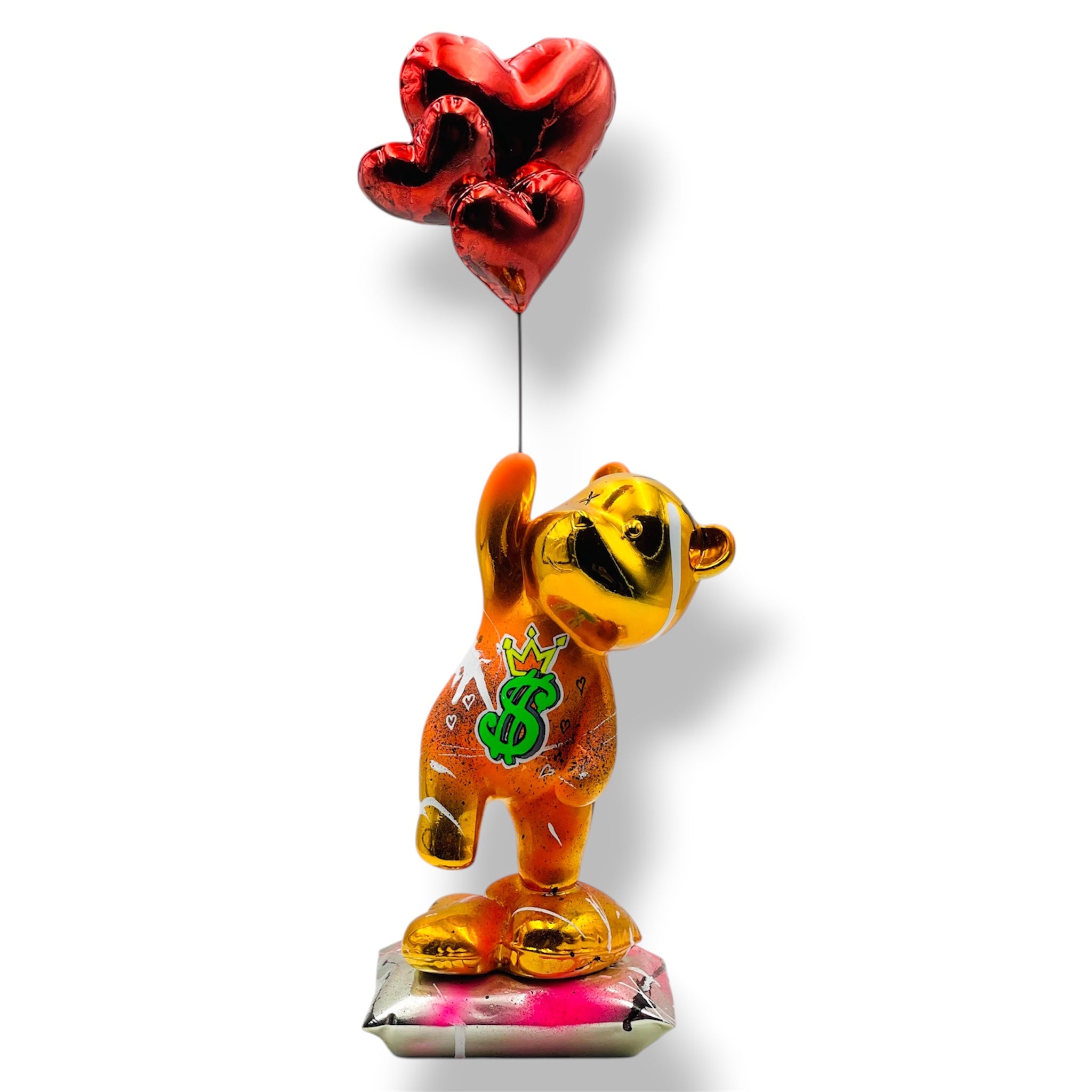 Love Chaser Sculpture | Gold Chrome Teddy Bear with Dollar Sign