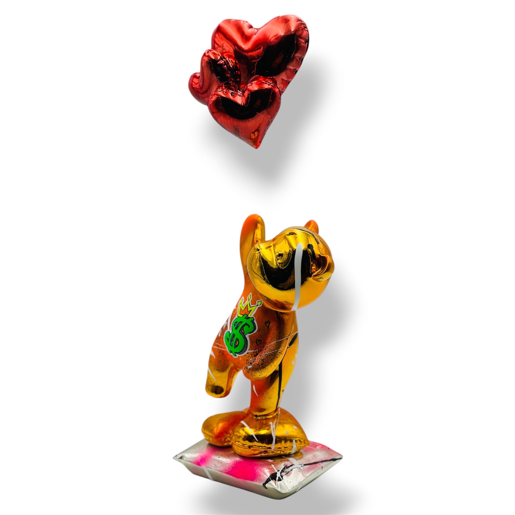Love Chaser Sculpture | Gold Chrome Teddy Bear with Dollar Sign