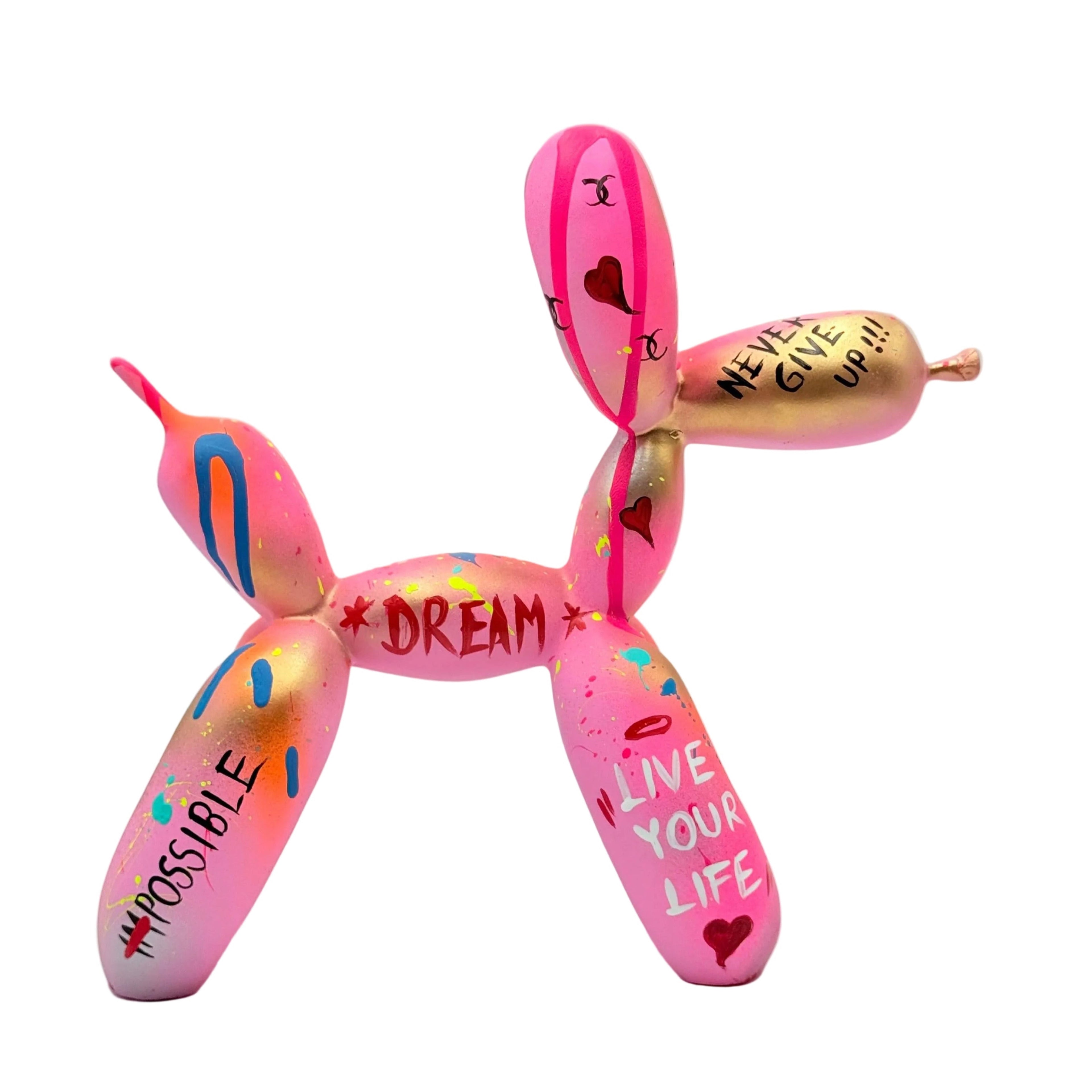 Pink balloon dog figure with motivational text on a light gray background