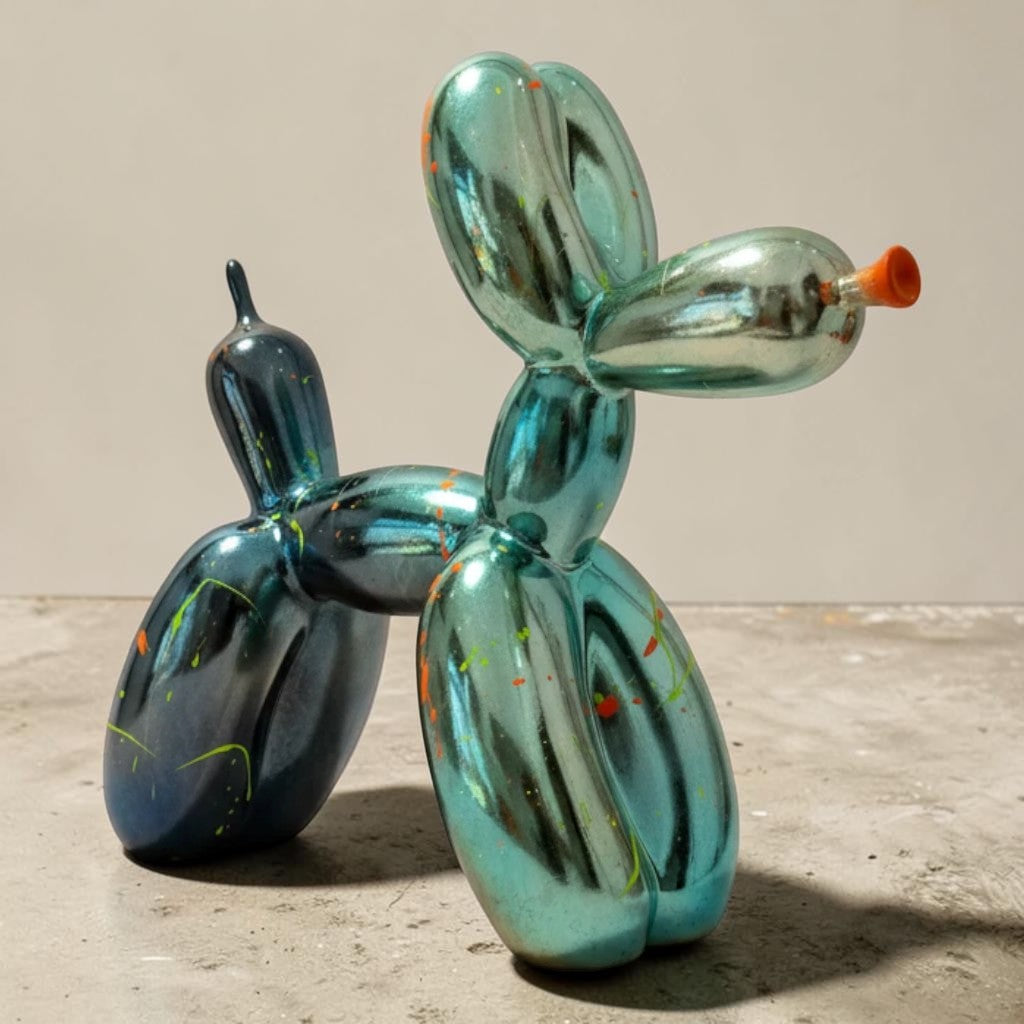 AND ICONIC Blue Batik Gradient Balloon Dog Sculpture with neon orange and yellow drips. Contemporary art piece.
