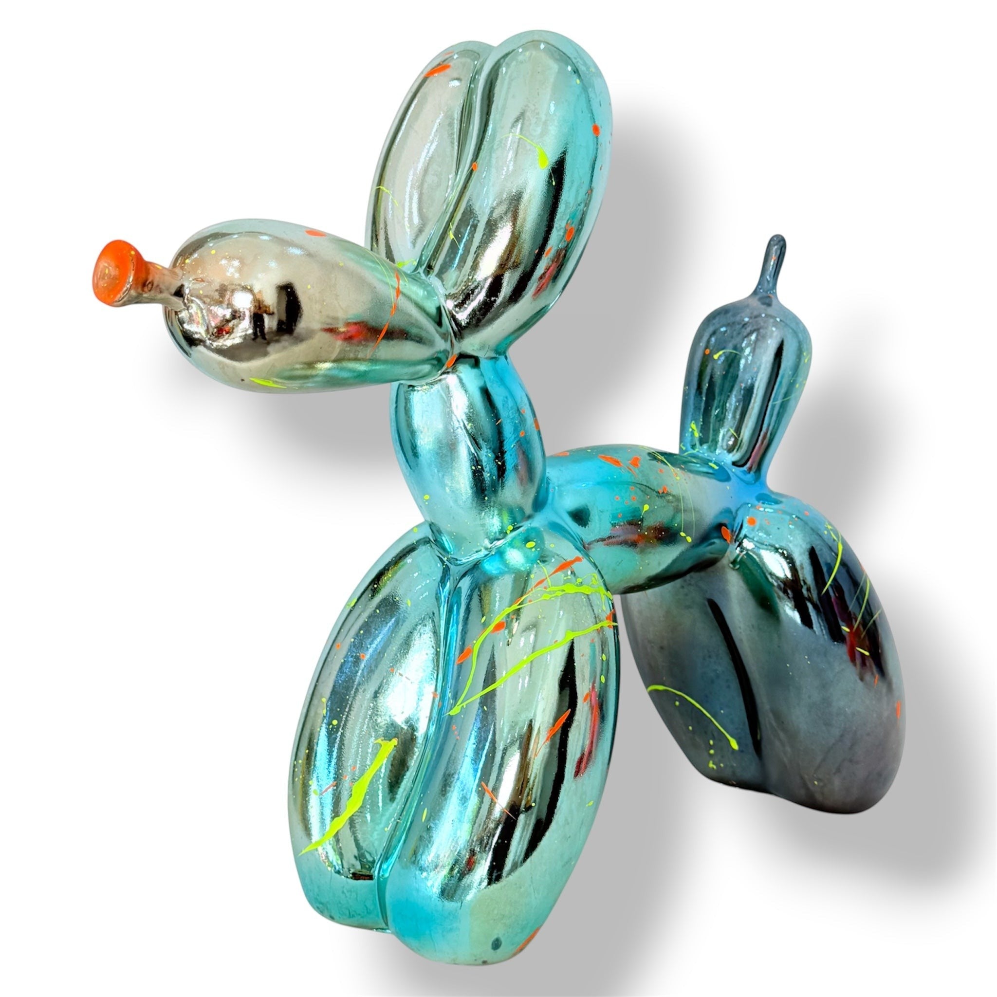 AND ICONIC Blue Batik Gradient Balloon Dog Sculpture with neon orange and yellow drips. Contemporary art piece.