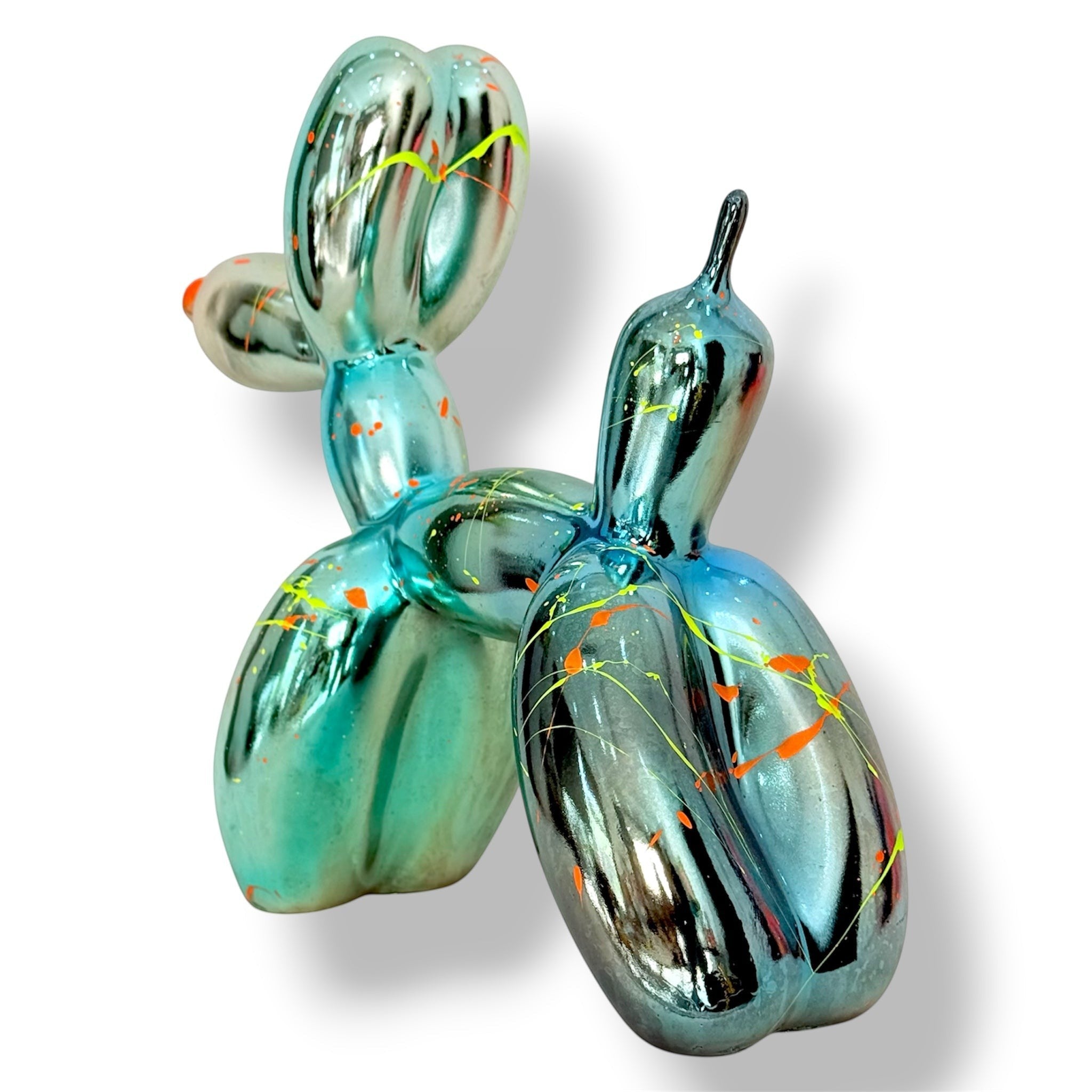 AND ICONIC Blue Batik Gradient Balloon Dog Sculpture with neon orange and yellow drips. A contemporary art piece.