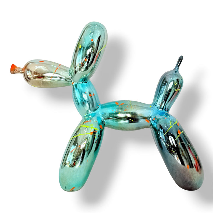 AND ICONIC Blue Batik Gradient Balloon Dog Sculpture with neon orange and yellow drips. Contemporary art piece.