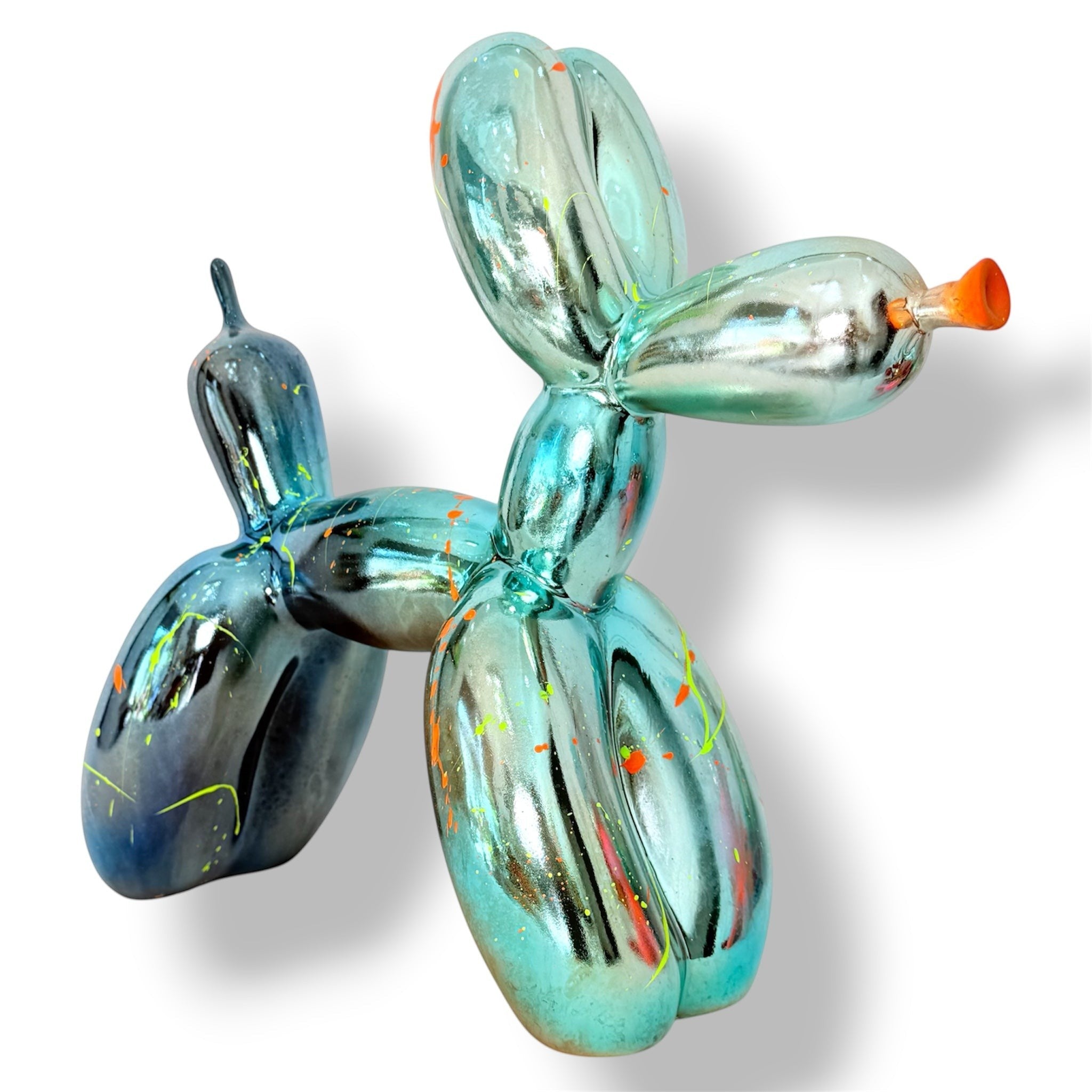 AND ICONIC XXLarge Balloon Dog sculpture in blue batik gradient with neon orange and yellow drips. Contemporary art piece.