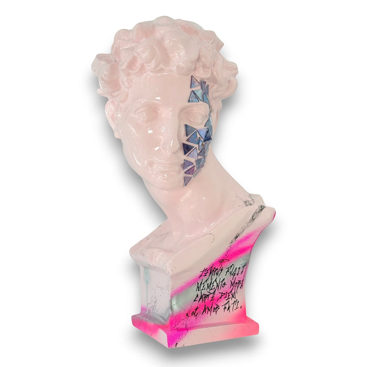 AND ICONIC Giuliano de’ Medici bust in blush pink with mirror mosaic face detail and neon graffiti accents.