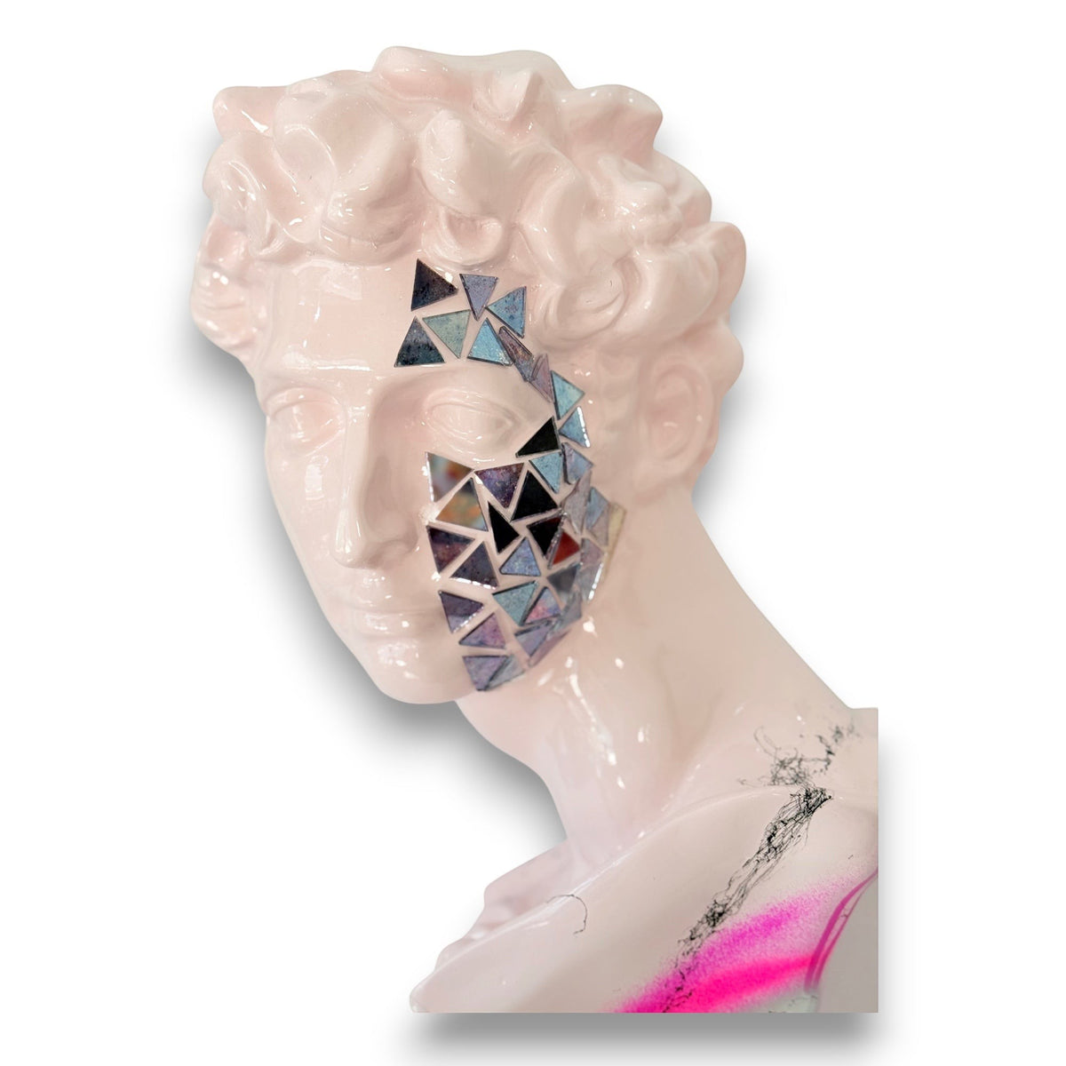 AND ICONIC Giuliano de’ Medici bust in blush pink with geometric mirror mosaic face and neon graffiti accents.