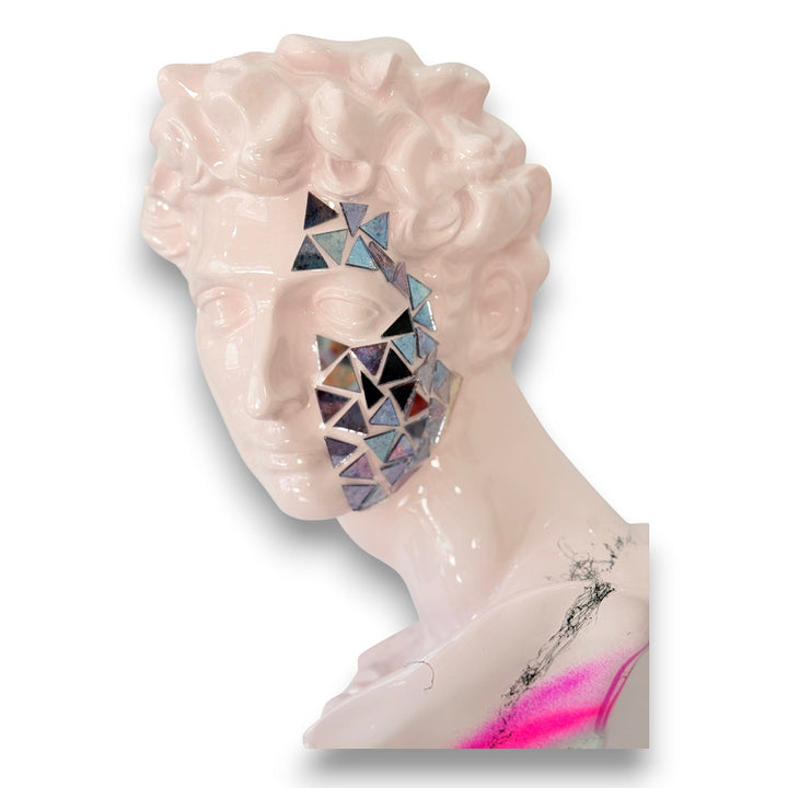 AND ICONIC Giuliano de’ Medici bust in blush pink with geometric mirror mosaic face and neon graffiti accents.