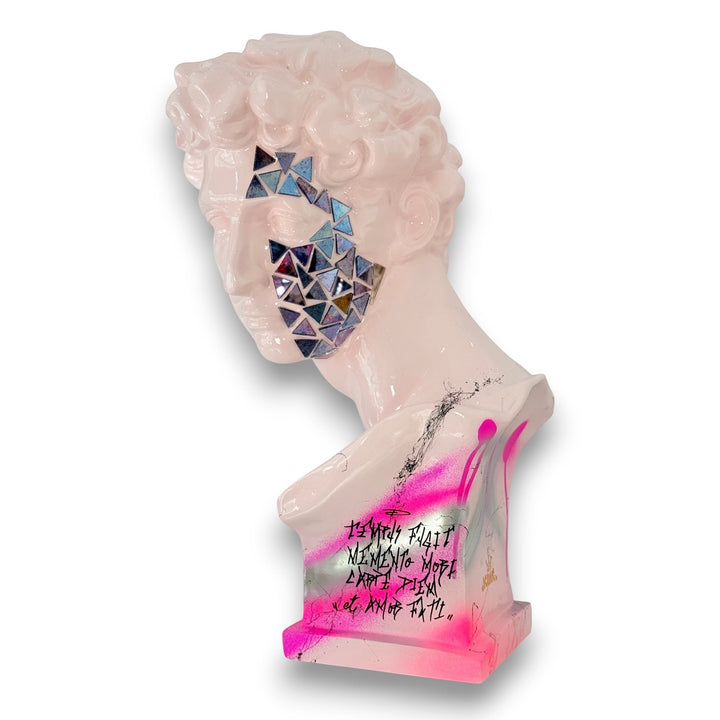 AND ICONIC Giuliano de’ Medici bust in blush pink with mirror mosaic face and neon graffiti art accents.