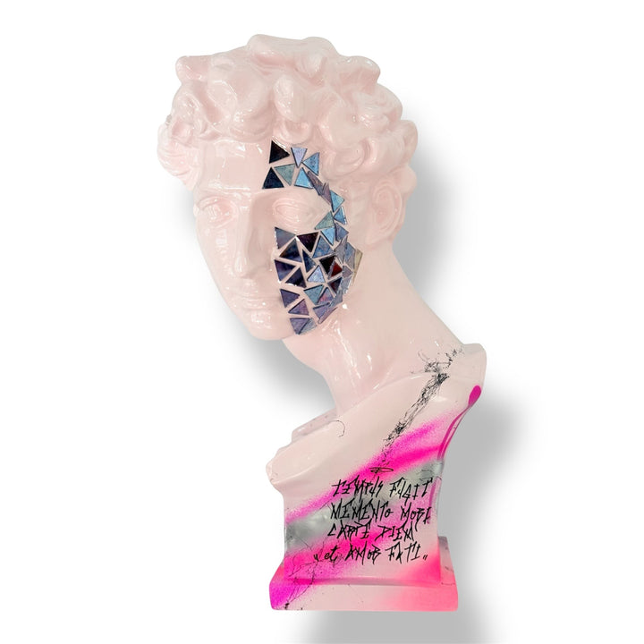 AND ICONIC Giuliano de’ Medici bust in blush pink with mirror mosaic face, neon graffiti, and classical silhouette.