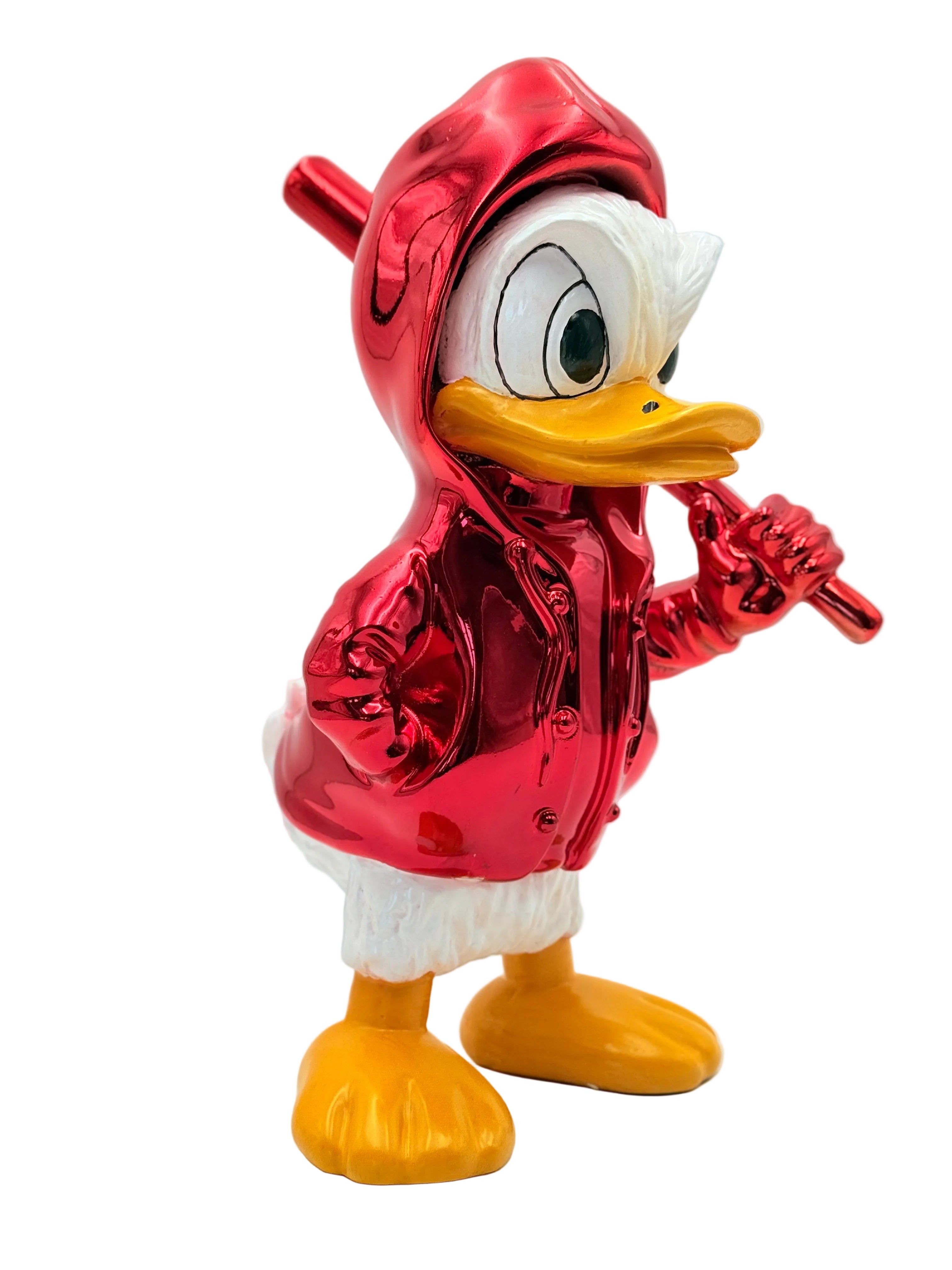 Donald Duck figurine wearing a red hoodie on a white background